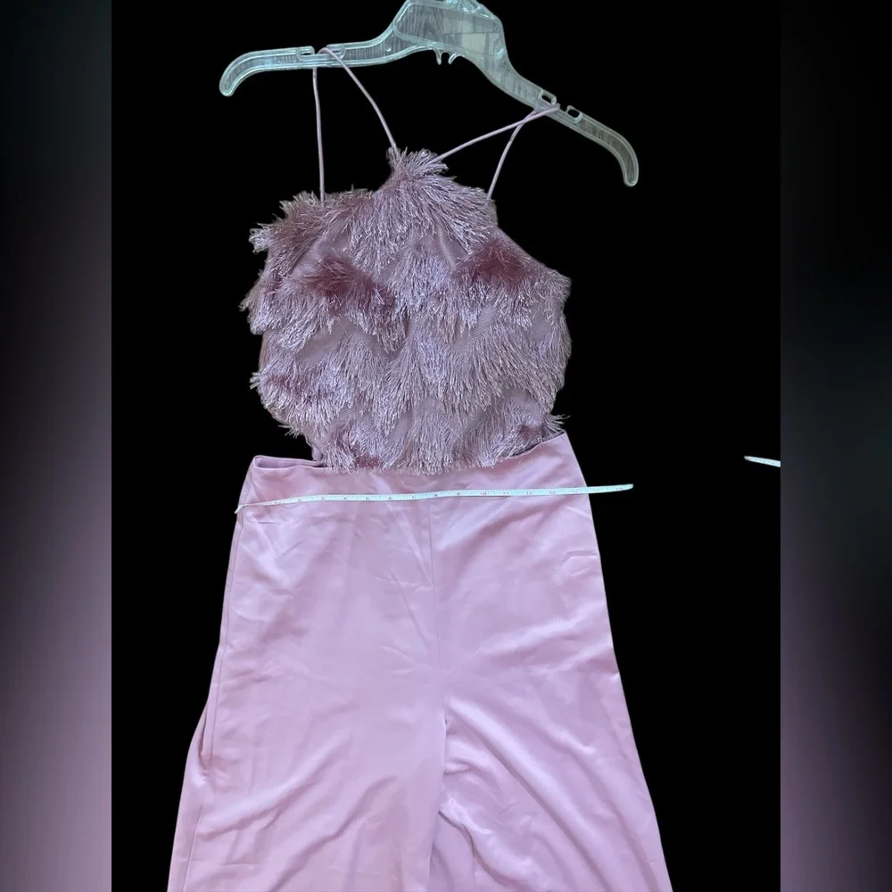 Anthropologie Hutch pink open side feathered jumpsuit, NWT 8 romper wide leg